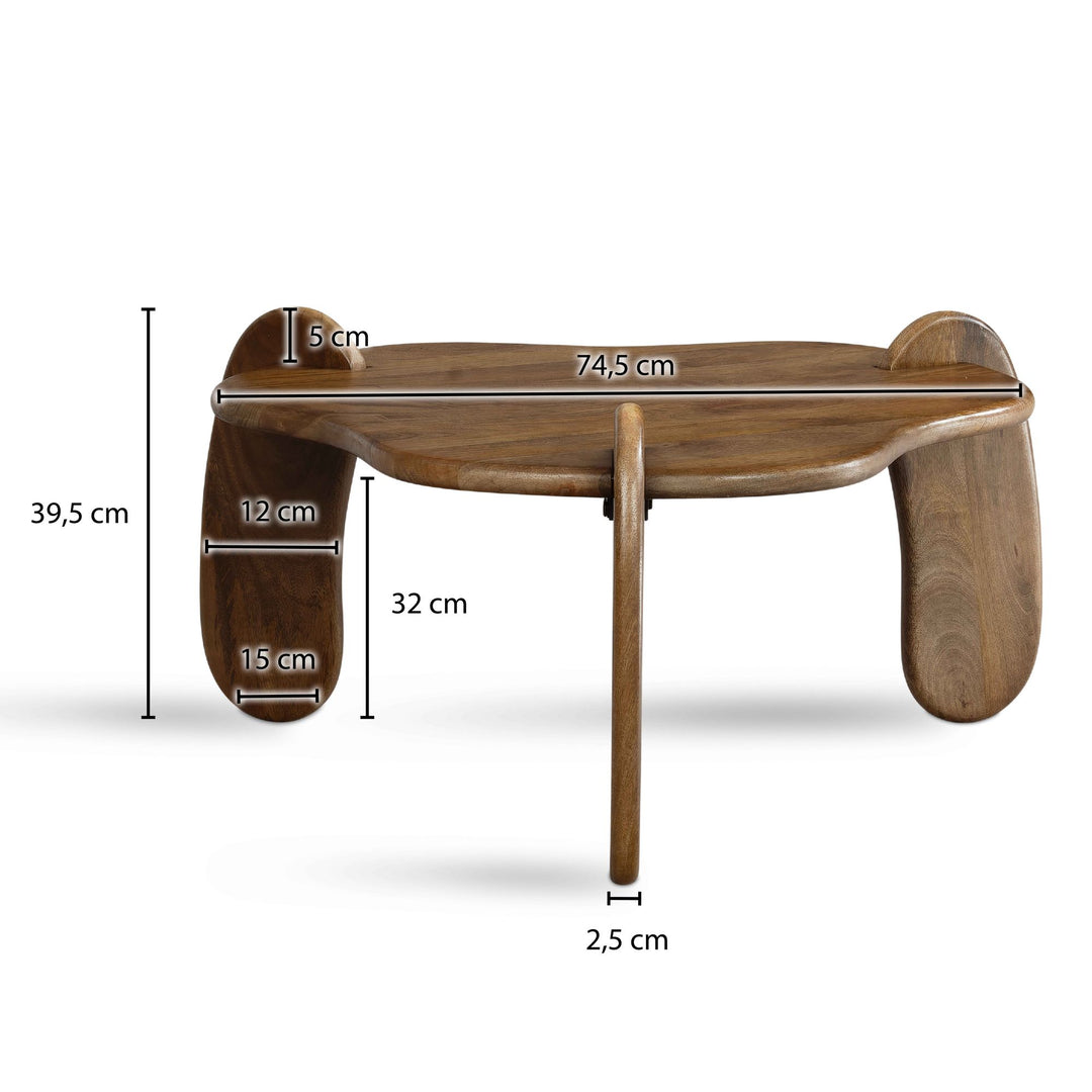 Couchtisch in Walnussfarbe aus Mangoholz Massiv, Niedriges Dreibein-Design, Organisch, 78x78x39.5cm