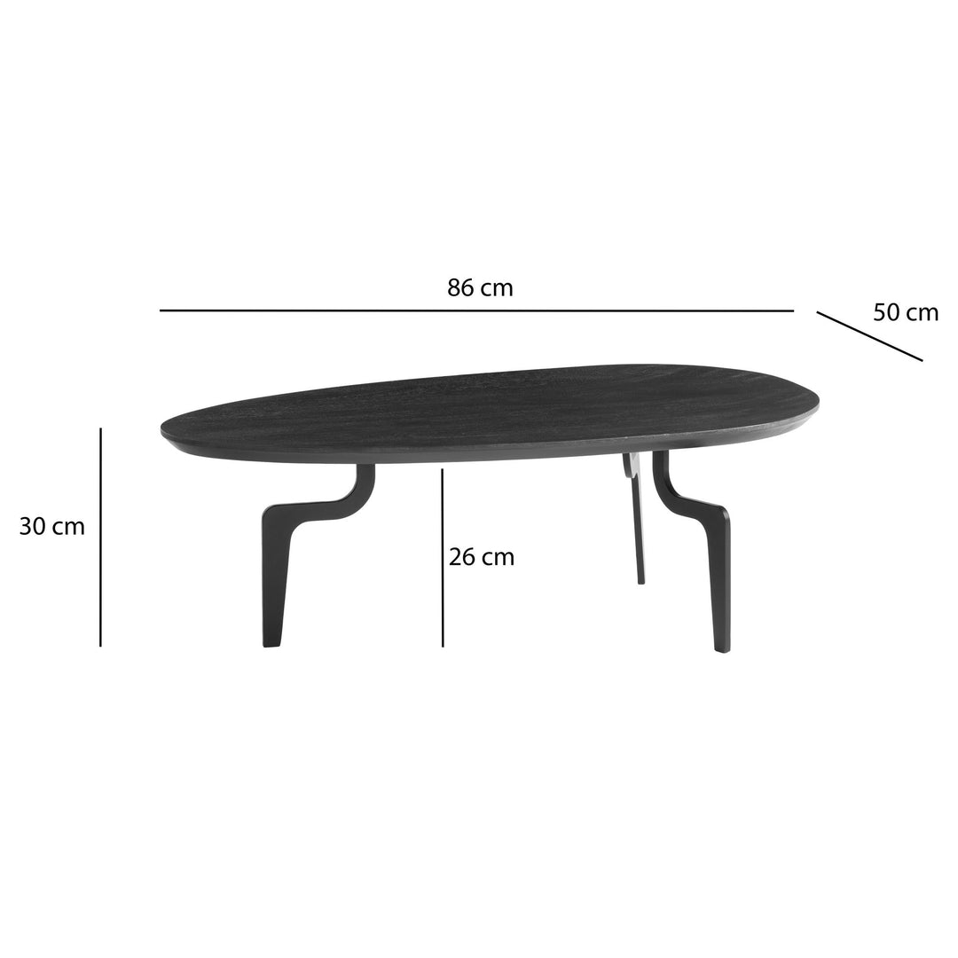 Couchtisch in Schwarz aus massivem Mangoholz, niedriges Design, 86x50x30 cm