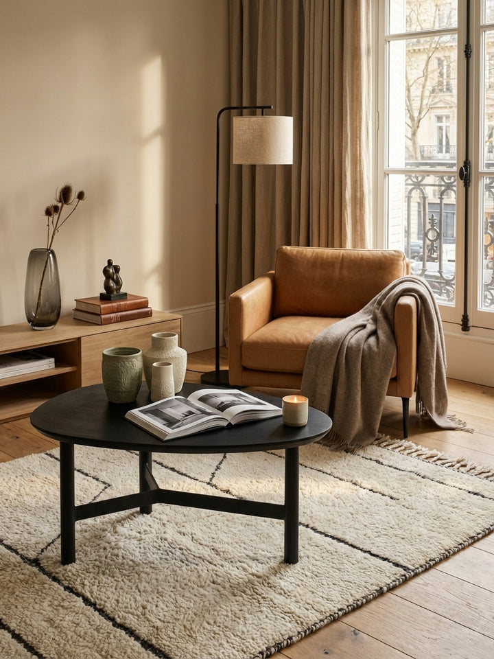 Detailaufnahme der feinen Maserung des schwarz lackierten Mango-Massivholzes, die dem Design-Couchtisch eine natürliche und haptisch ansprechende Oberfläche verleiht._