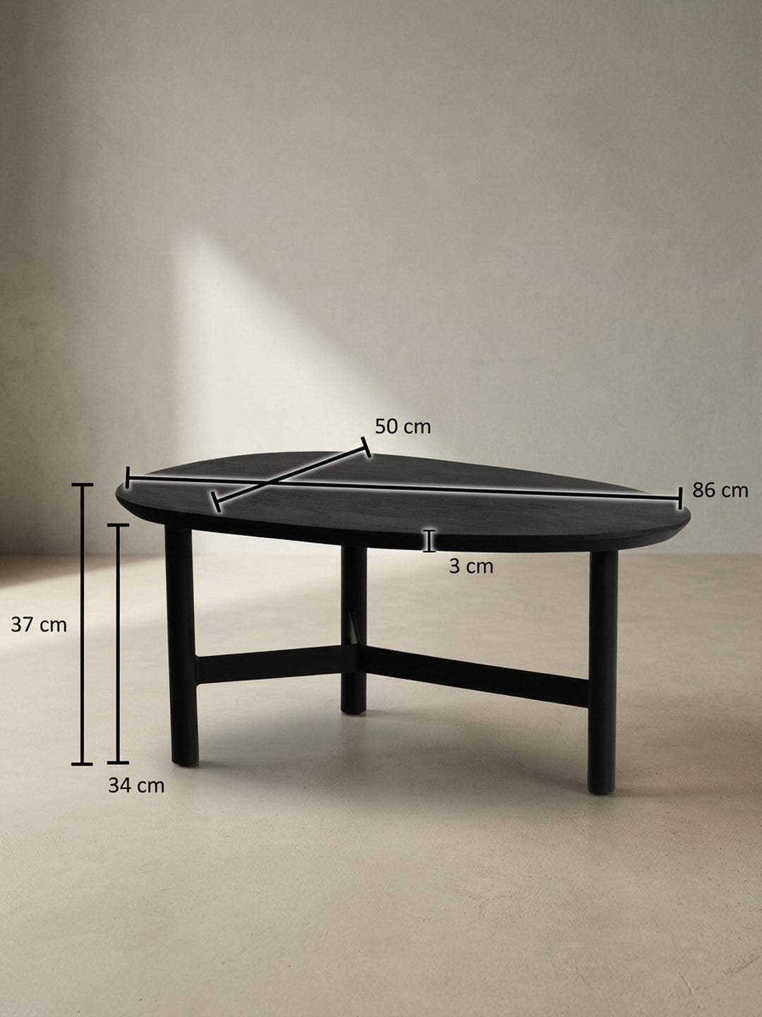 Technisches Maßbild des Couchtischs mit den exakten Abmessungen: Länge 86 cm, Breite 50 cm und Höhe 37 cm, ideal zur Raumplanung im Wohnzimmer._