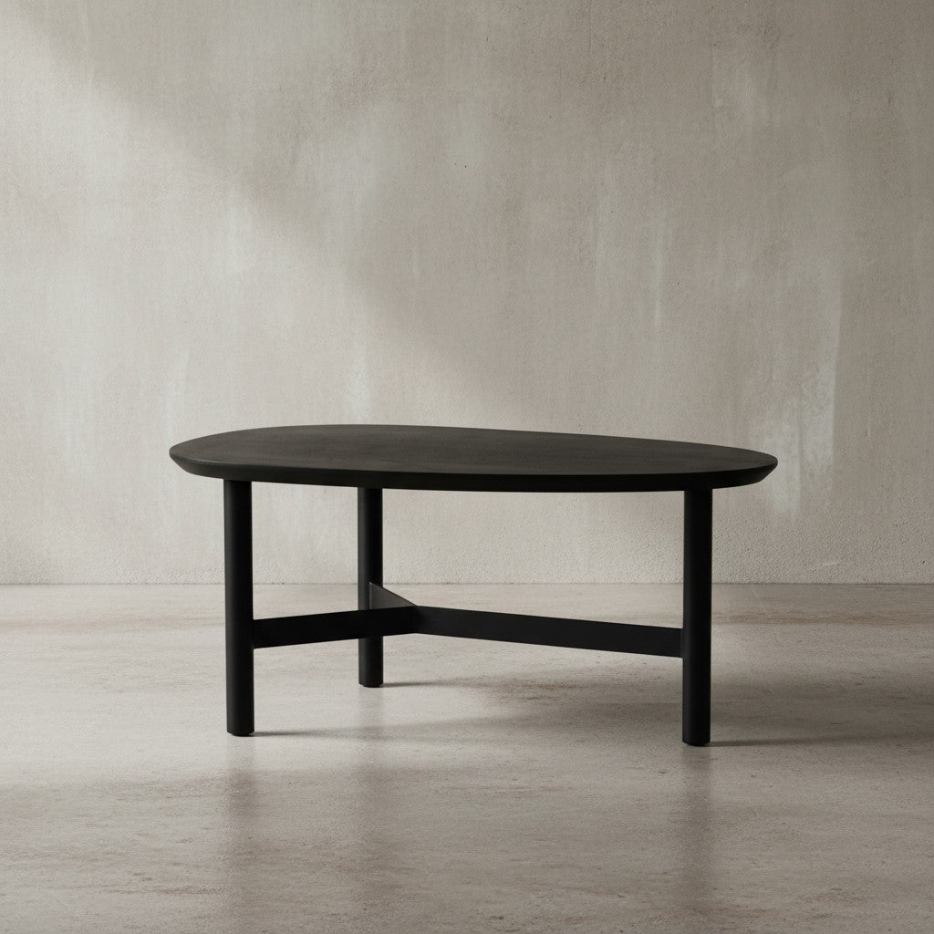 Couchtisch 86x50x37 cm Mango Massivholz / Metall Schwarz Sofatisch - Design Wohnzimmertisch Nierenform - Dreibein Kaffeetisch Wohnzimmer Modern_