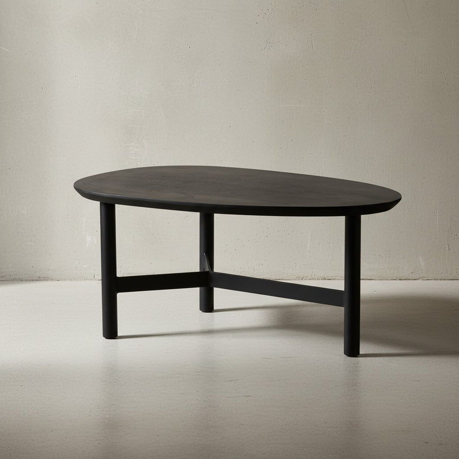 Couchtisch 86x50x37 cm Mango Massivholz / Metall Schwarz Sofatisch - Design Wohnzimmertisch Nierenform - Dreibein Kaffeetisch Wohnzimmer Modern_