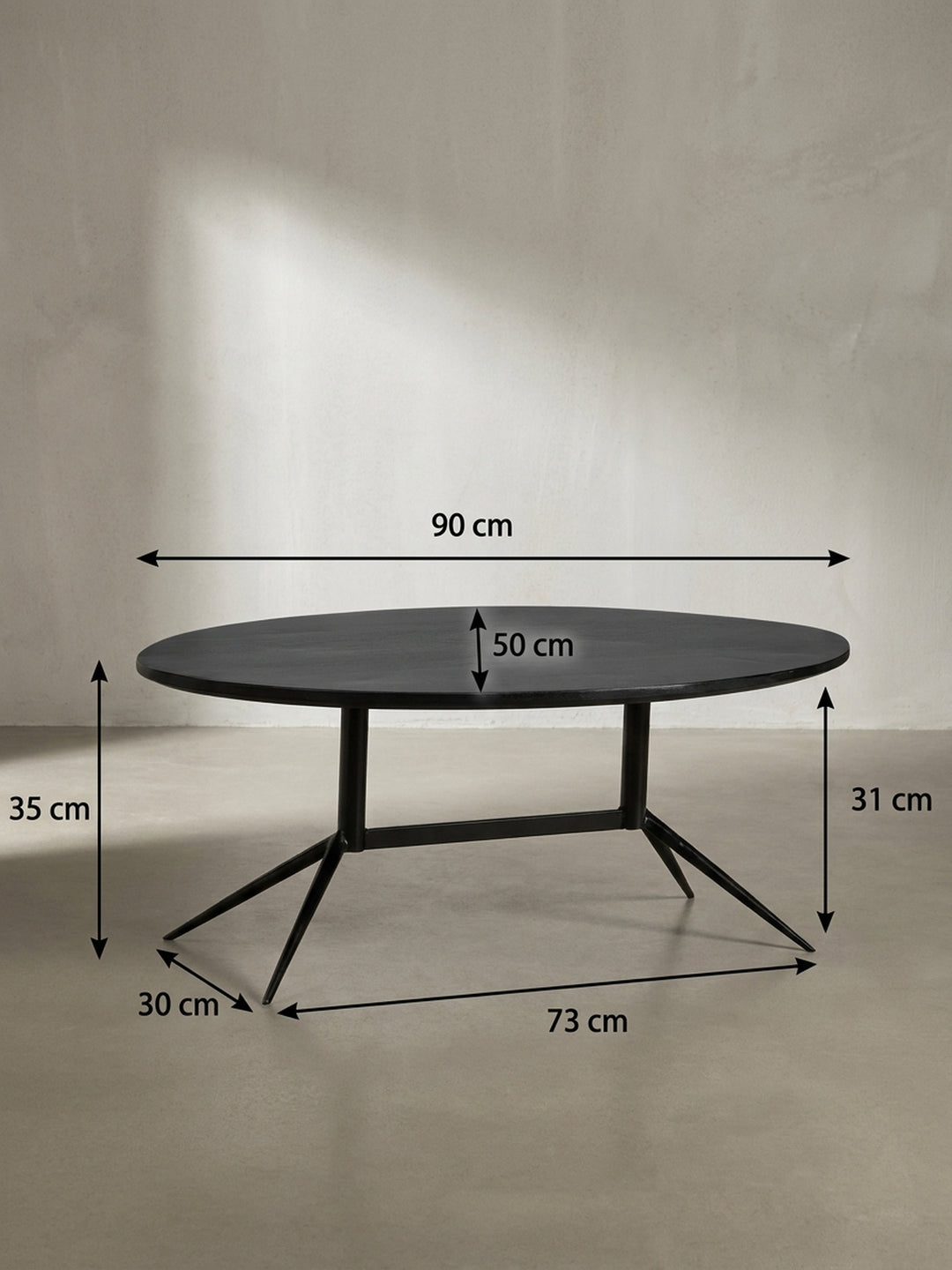 Technische Maßskizze des schwarzen ovalen Couchtisches aus Mangoholz mit den genauen Abmessungen 90x50x35 cm für die Raumplanung_