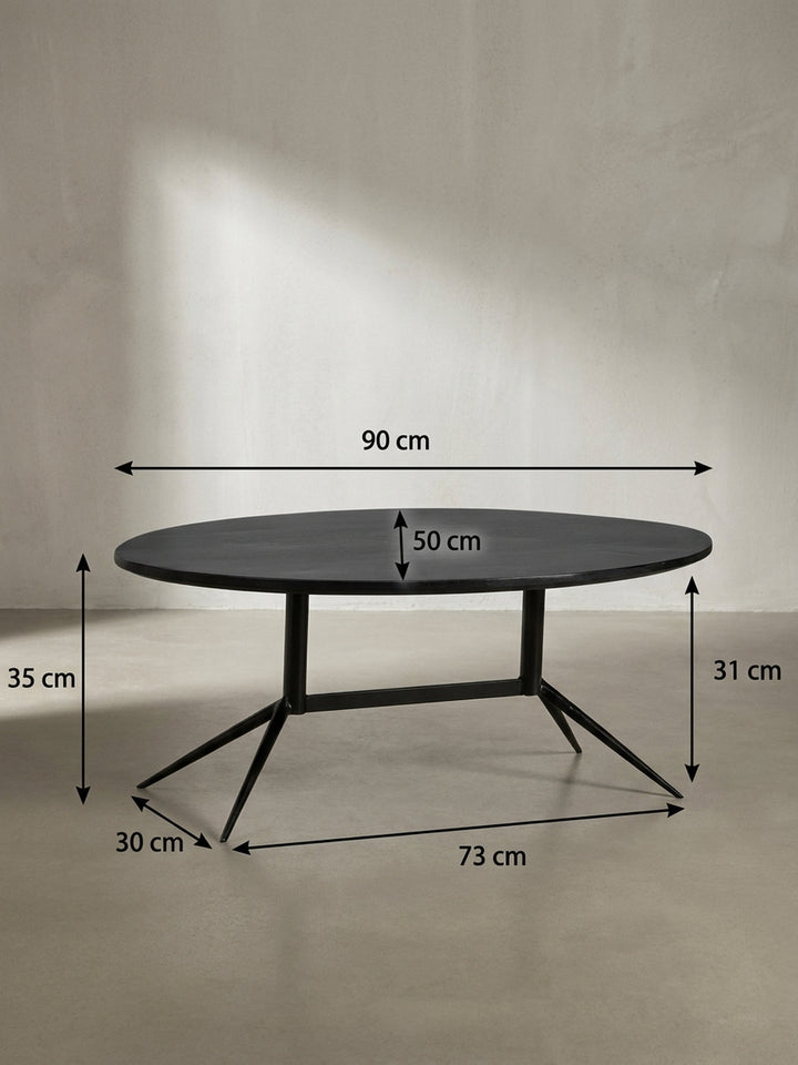 Technische Maßskizze des schwarzen ovalen Couchtisches aus Mangoholz mit den genauen Abmessungen 90x50x35 cm für die Raumplanung_