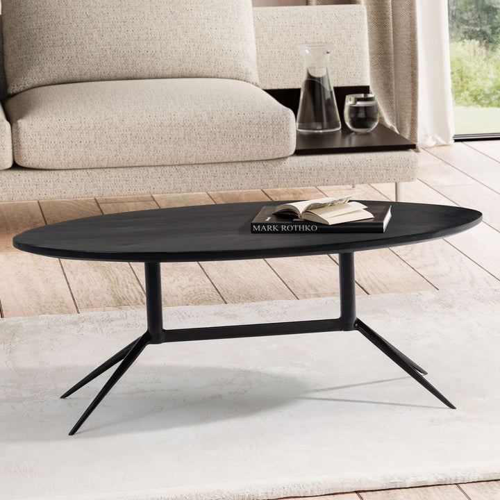 Couchtisch Oval in Schwarz aus Mango Massivholz und Metall, 90x50x35 cm mit natürlicher Holzmaserung
