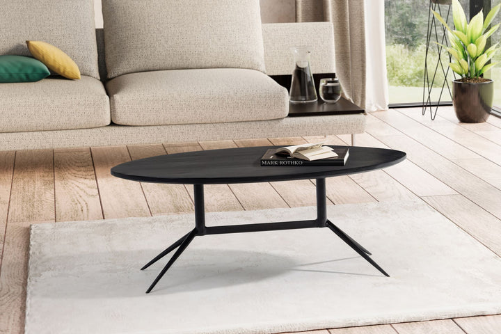 Couchtisch Oval in Schwarz aus Mango Massivholz und Metall, 90x50x35 cm mit natürlicher Holzmaserung