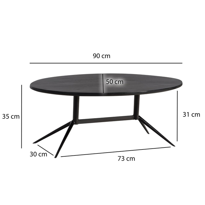 Couchtisch Oval in Schwarz aus Mango Massivholz und Metall, 90x50x35 cm mit natürlicher Holzmaserung