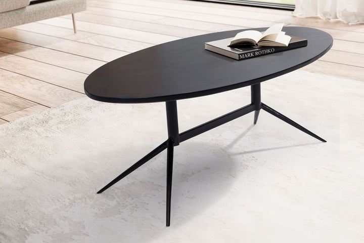Couchtisch Oval in Schwarz aus Mango Massivholz und Metall, 90x50x35 cm mit natürlicher Holzmaserung