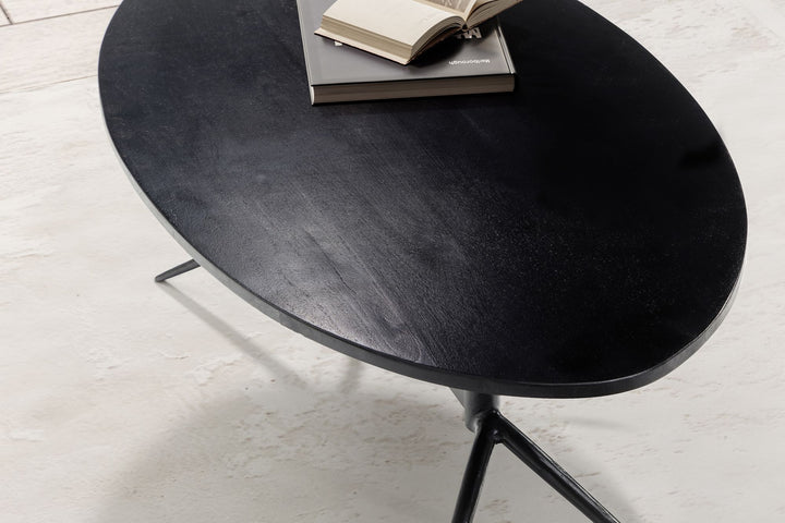 Couchtisch Oval in Schwarz aus Mango Massivholz und Metall, 90x50x35 cm mit natürlicher Holzmaserung