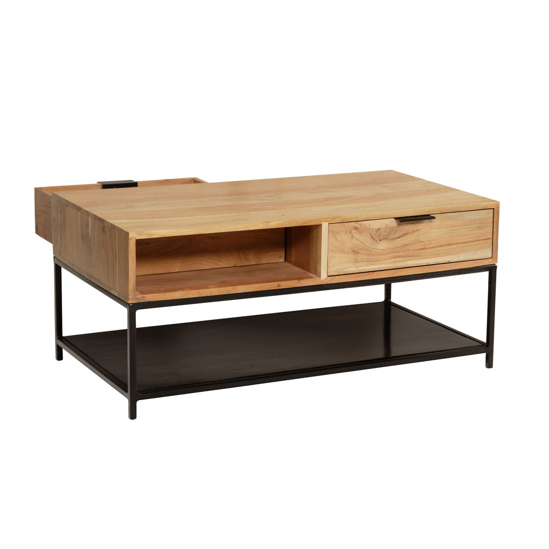 Couchtisch Akazie Massivholz Metall 90x50x40cm mit Schubladen Moderner Stauraum