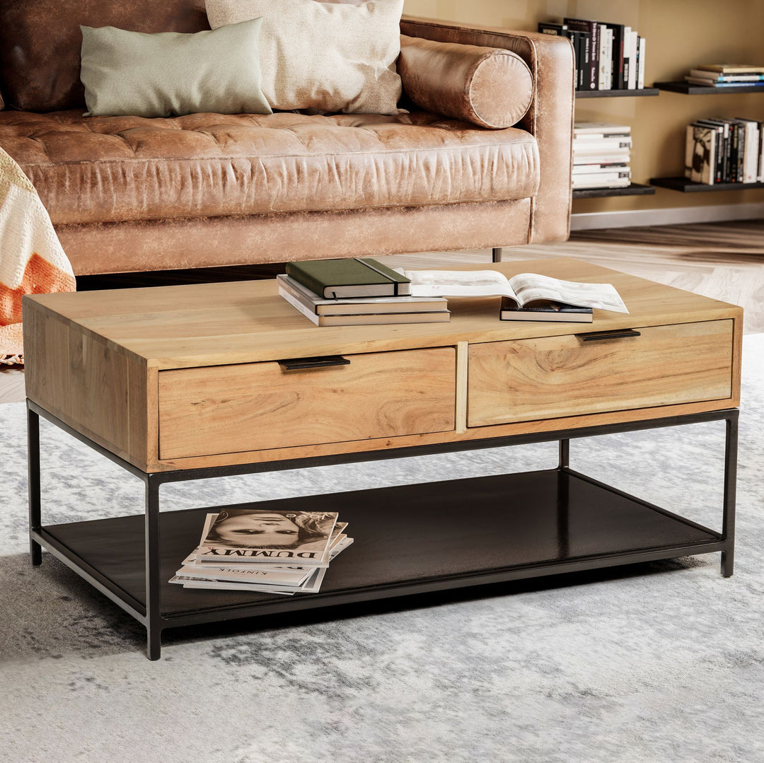Couchtisch Akazie Massivholz Metall 90x50x40cm mit Schubladen Moderner Stauraum