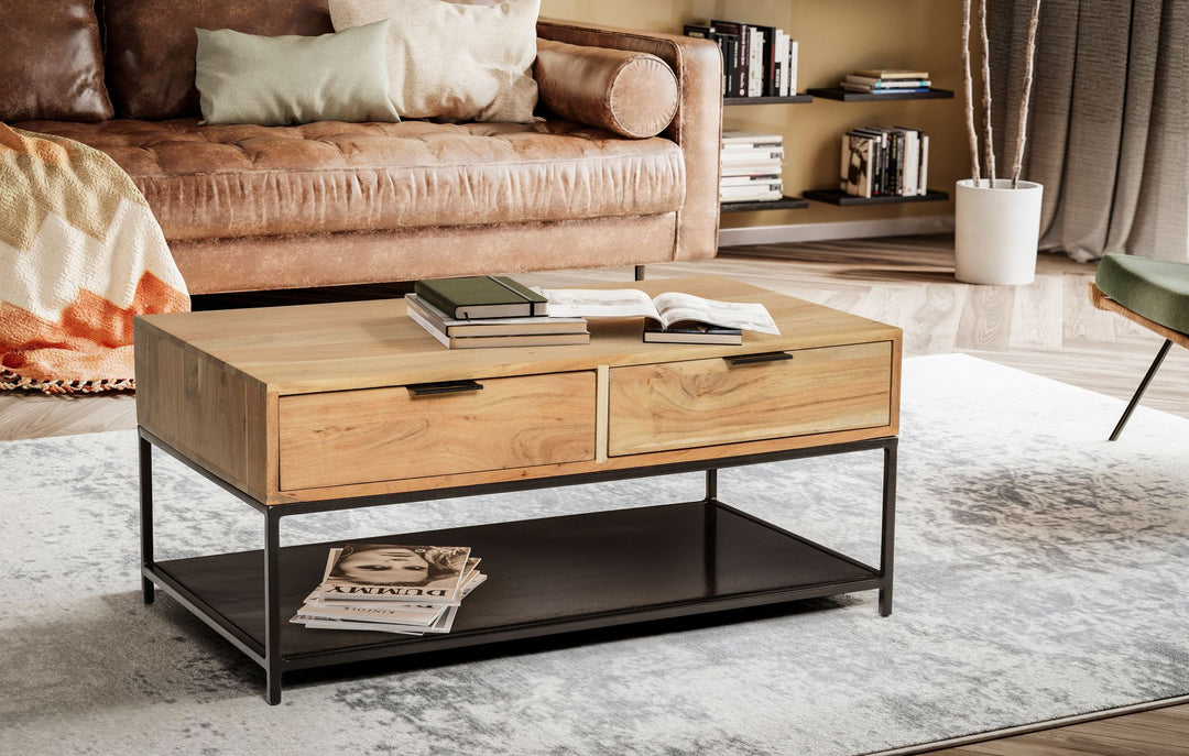 Couchtisch Akazie Massivholz Metall 90x50x40cm mit Schubladen Moderner Stauraum
