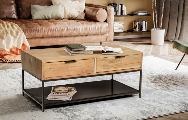Couchtisch Akazie Massivholz Metall 90x50x40cm mit Schubladen Moderner Stauraum