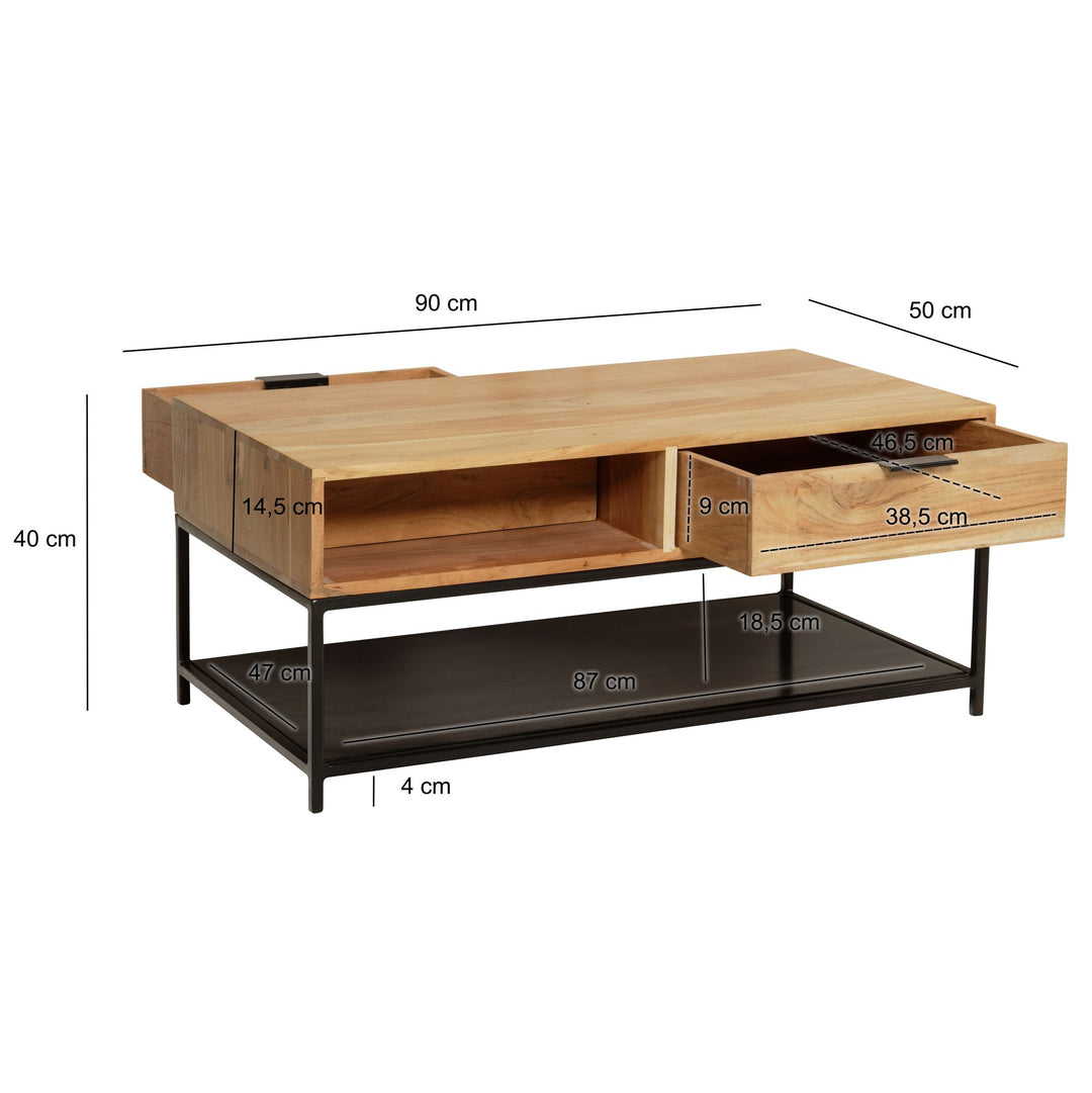 Couchtisch Akazie Massivholz Metall 90x50x40cm mit Schubladen Moderner Stauraum