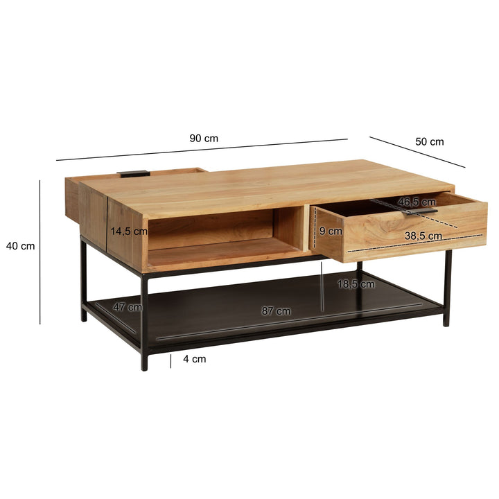 Couchtisch Akazie Massivholz Metall 90x50x40cm mit Schubladen Moderner Stauraum