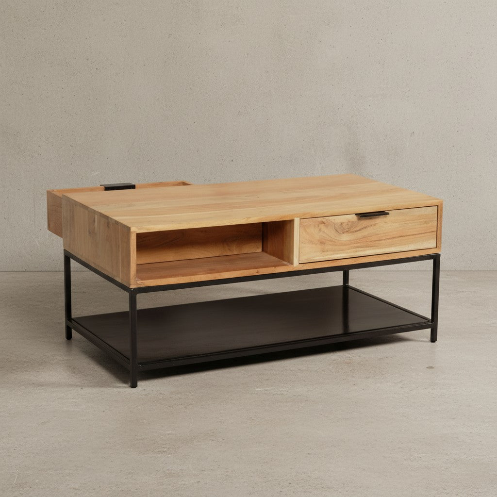 Couchtisch 90x50x40 cm Akazie Massivholz Metall Sofatisch Rechteckig - Wohnzimmertisch Kaffeetisch Massiv mit Schubladen - Tisch Wohnzimmer Modern Stauraum_