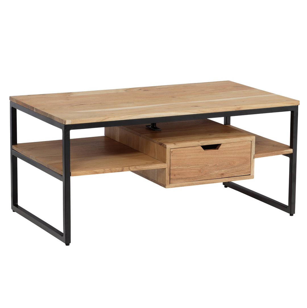 Couchtisch Rechteckig in Akazie Massivholz und Metall, 90x50x42cm, mit Schublade und zusätzlichem Stauraum