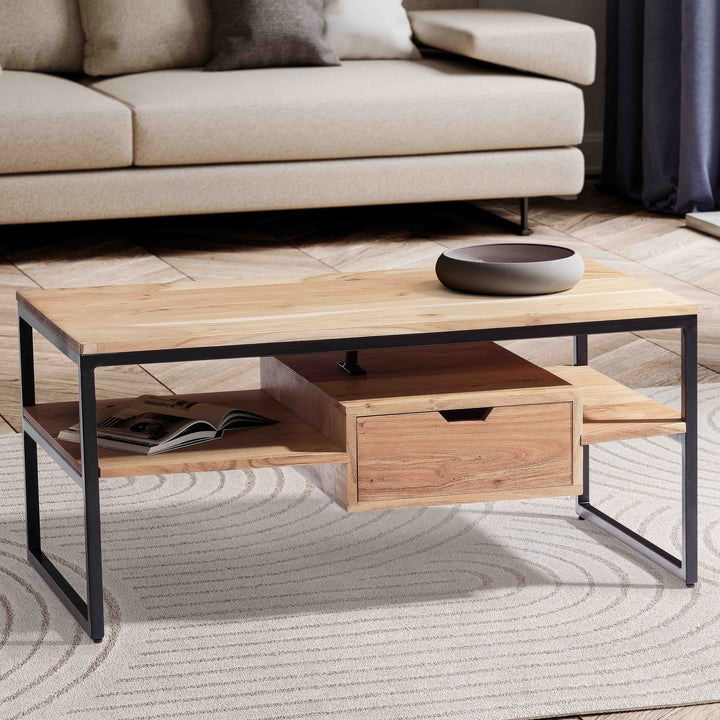 Couchtisch Rechteckig in Akazie Massivholz und Metall, 90x50x42cm, mit Schublade und zusätzlichem Stauraum
