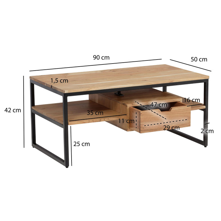 Couchtisch Rechteckig in Akazie Massivholz und Metall, 90x50x42cm, mit Schublade und zusätzlichem Stauraum