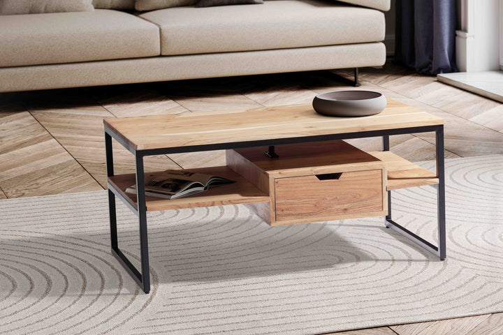 Couchtisch Rechteckig in Akazie Massivholz und Metall, 90x50x42cm, mit Schublade und zusätzlichem Stauraum