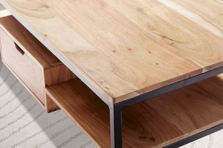 Couchtisch Rechteckig in Akazie Massivholz und Metall, 90x50x42cm, mit Schublade und zusätzlichem Stauraum