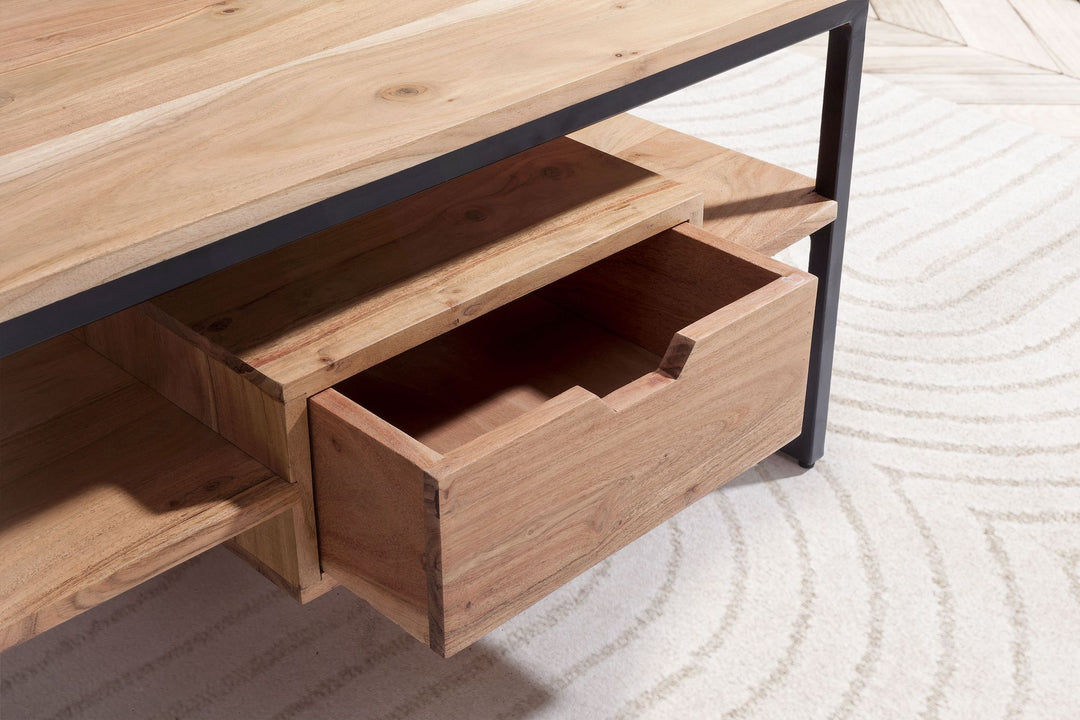 Couchtisch Rechteckig in Akazie Massivholz und Metall, 90x50x42cm, mit Schublade und zusätzlichem Stauraum