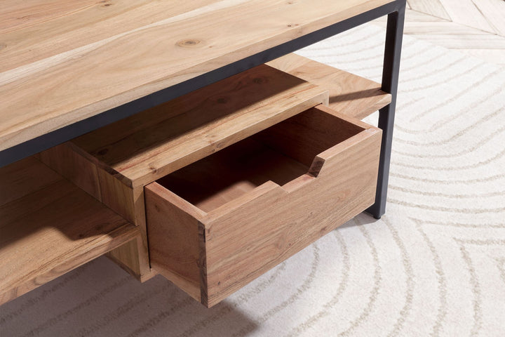 Couchtisch Rechteckig in Akazie Massivholz und Metall, 90x50x42cm, mit Schublade und zusätzlichem Stauraum