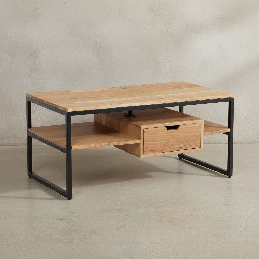 Couchtisch 90x50x42 cm Akazie Massivholz Metall Sofatisch Rechteckig - Wohnzimmertisch Kaffeetisch Massiv mit Schublade - Tisch Wohnzimmer Modern Stauraum_