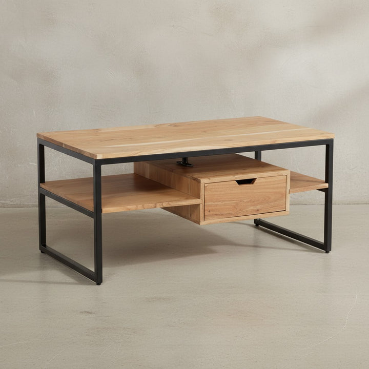 Couchtisch 90x50x42 cm Akazie Massivholz Metall Sofatisch Rechteckig - Wohnzimmertisch Kaffeetisch Massiv mit Schublade - Tisch Wohnzimmer Modern Stauraum_