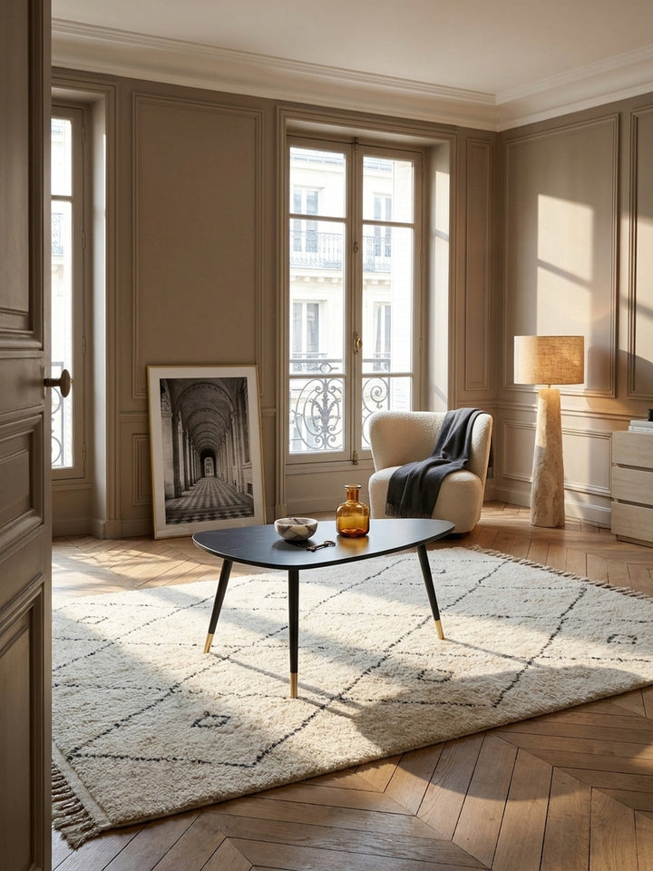 Eleganter Couchtisch 90x60x41 cm mit schwarzer Marmor Optik als luxuriöser Mittelpunkt im modernen Wohnzimmer auf cremefarbenem Wollteppich._