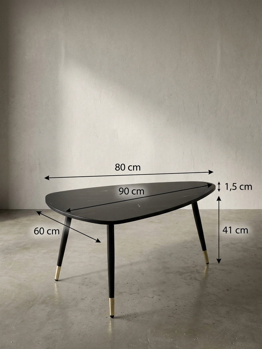 Technische Bemaßungsskizze des eleganten Couchtisches mit präzisen Maßangaben von 90 cm Länge und 41 cm Höhe für Ihre exakte Raumplanung._