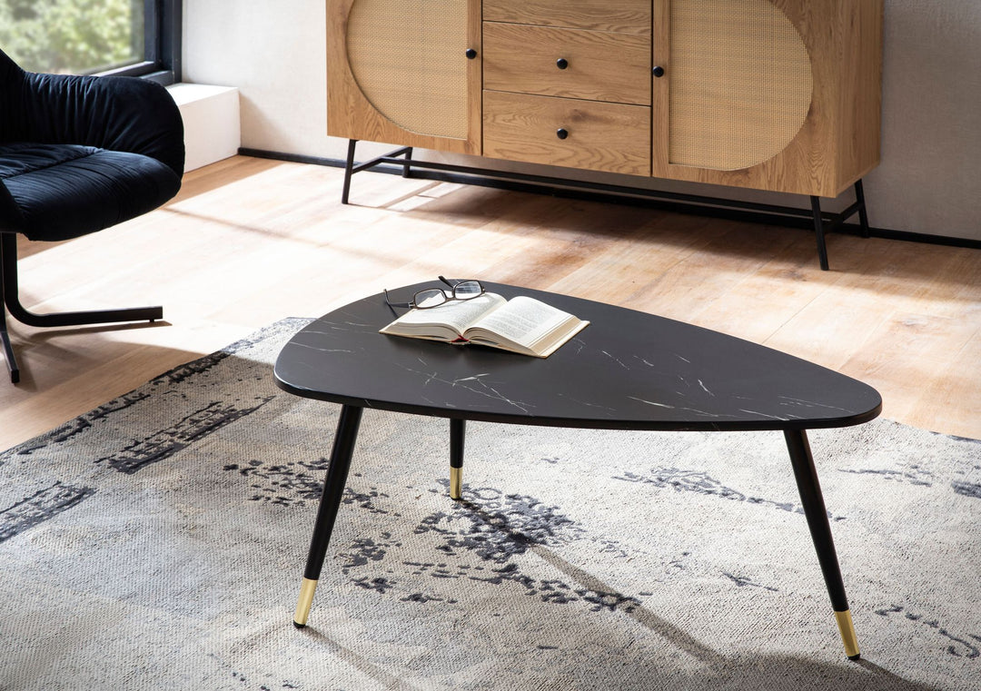 Couchtisch mit Marmor Optik, Dreibein, Metall-Gestell, Dreieckig