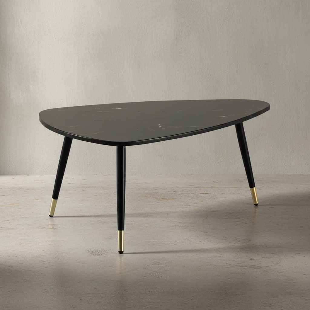 Couchtisch 90x60x41 cm mit Marmor Optik  - Dreibein Wohnzimmertisch mit Metall-Gestell - Sofatisch Dreieckig Tisch Wohnzimmer - Beistelltisch_