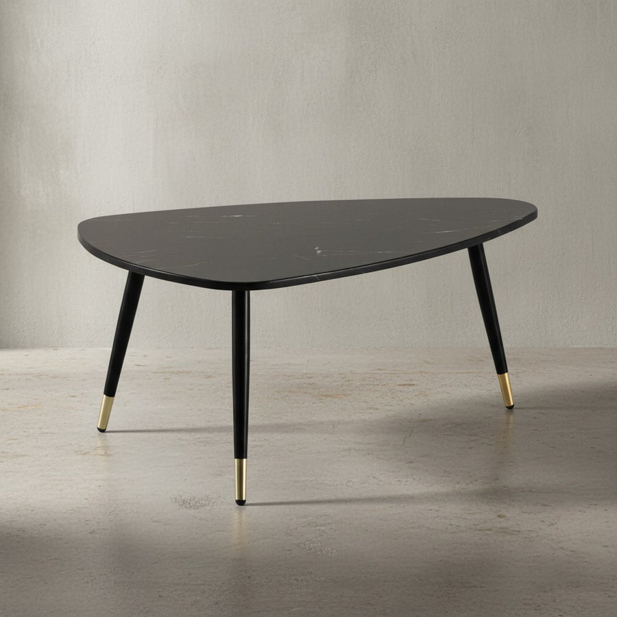 Couchtisch 90x60x41 cm mit Marmor Optik  - Dreibein Wohnzimmertisch mit Metall-Gestell - Sofatisch Dreieckig Tisch Wohnzimmer - Beistelltisch_