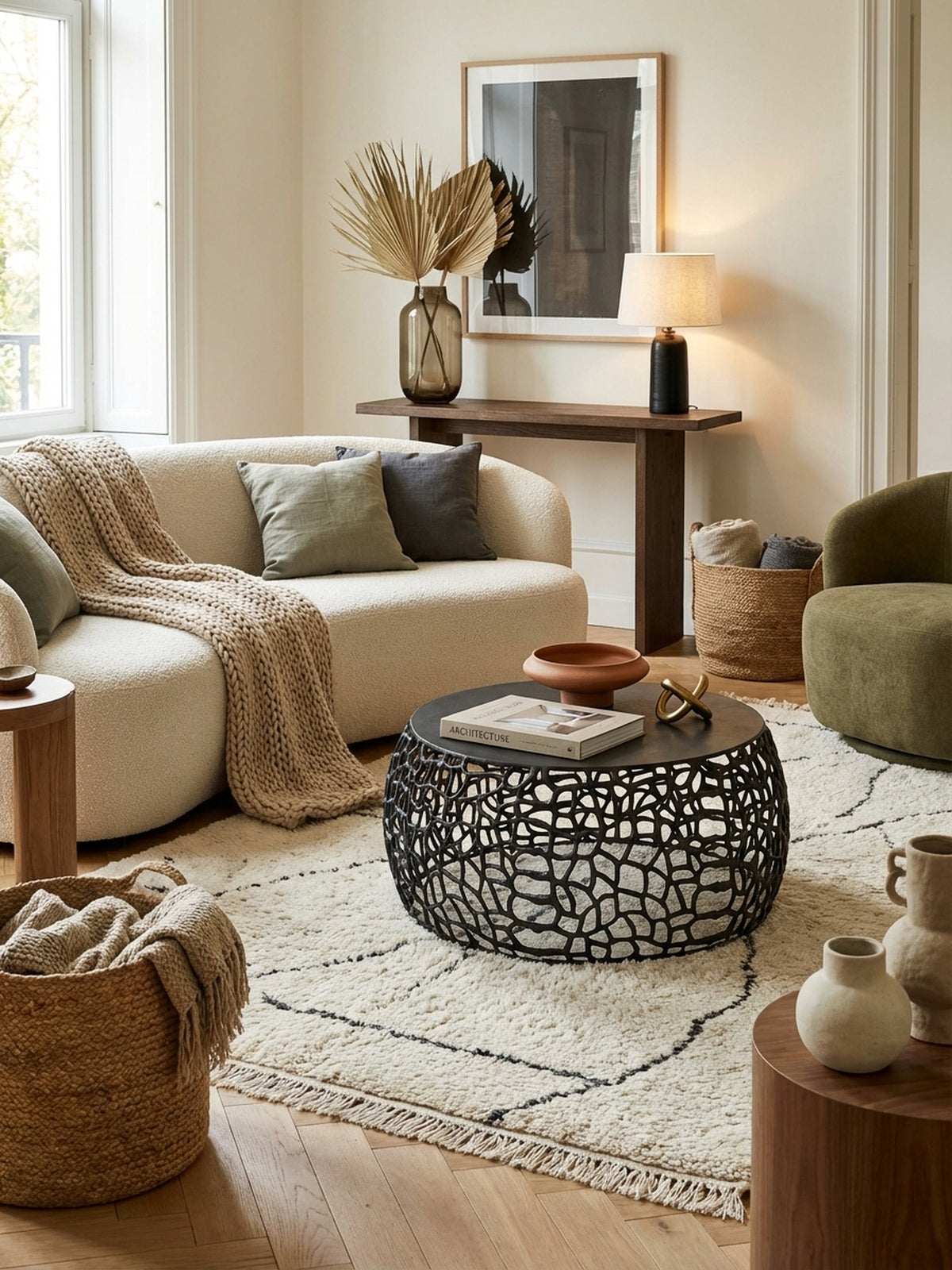 Moderner Wohnzimmertisch aus schwarzem Aluminium als Mittelpunkt in einem stilvollen Wohnzimmer, die Ast-Struktur des Sofatischs setzt einen einzigartigen Akzent._
