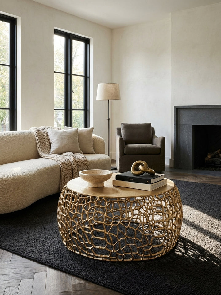 Aufsicht auf den goldenen Design-Sofatisch mit 55 cm Tischplatte, dekoriert mit Glas und Büchern, der die runde Form und die großzügige Ablagefläche im Raum zeigt._