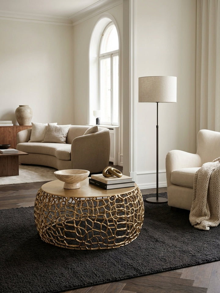 Ein runder Couchtisch aus goldenem Aluminium mit Ast-Struktur als eleganter Mittelpunkt in einem modern gestalteten Wohnzimmer vor einem Sofa auf einem dunklen Teppich._