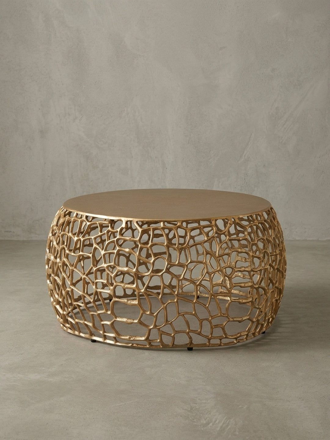 Gesamtansicht des Design-Couchtischs aus Aluminium in Gold, der die einzigartige Kombination aus massiver runder Platte und kunstvoller Ast-Struktur zusammenfasst._