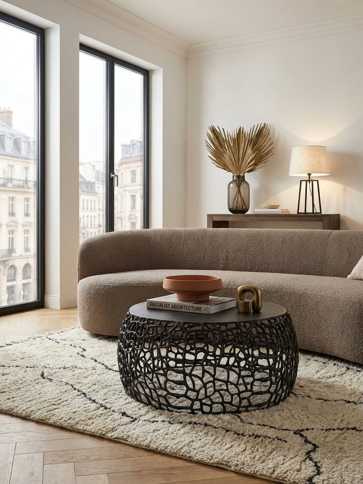 Runder Design Couchtisch aus Metall von oben gesehen, der 66 cm breite Kaffeetisch steht auf einem hellen Teppich und ergänzt das moderne Sofa-Arrangement._