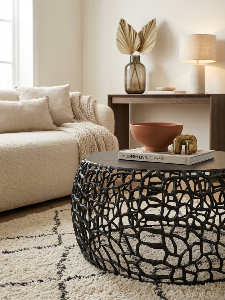 Detailaufnahme der mattschwarzen Oberfläche des Aluminium-Couchtischs, die feine Textur des handgefertigten Metalls ist deutlich erkennbar und wirkt edel._