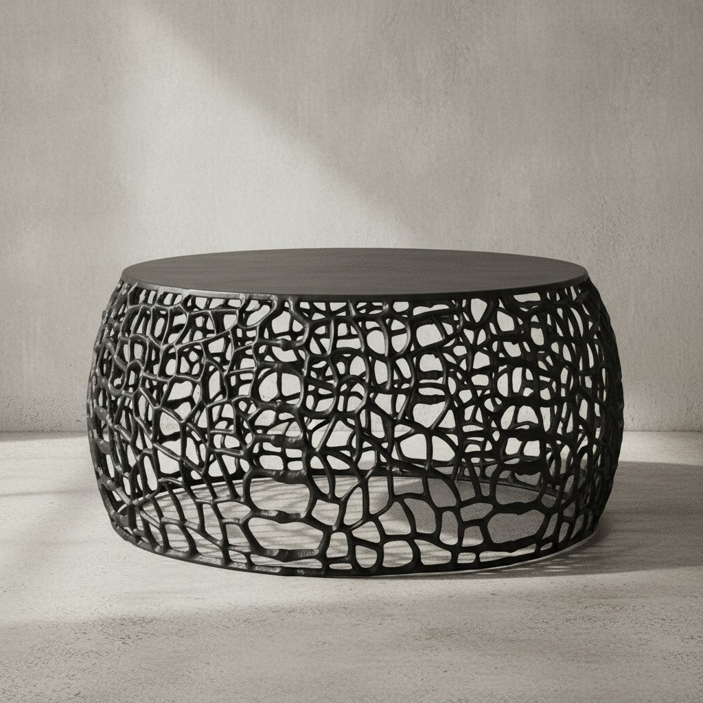 Couchtisch ASTLUX_ Aststruktur_ lackiertes Aluminium_ handgefertigt_ Anti-Rutsch-Noppen_ Ablagefläche - KADIMA DESIGN_Farbe_ Schwarz_ Größe_ 66x66x30 cm_