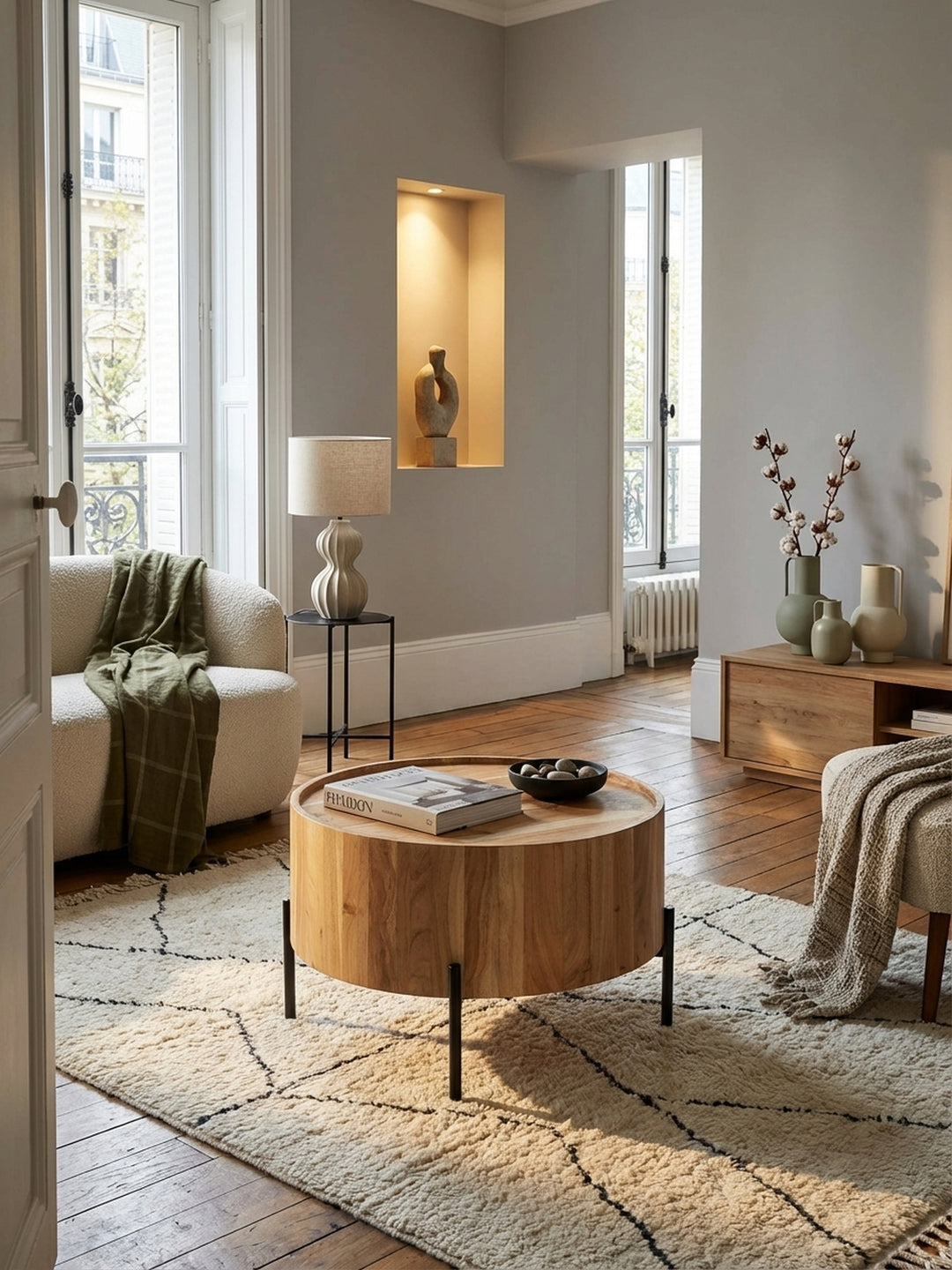 Der runde Couchtisch aus Akazie Massivholz steht als Mittelpunkt in einem lichtdurchfluteten Wohnzimmer auf einem beigen Teppich vor einem modernen Sofa._