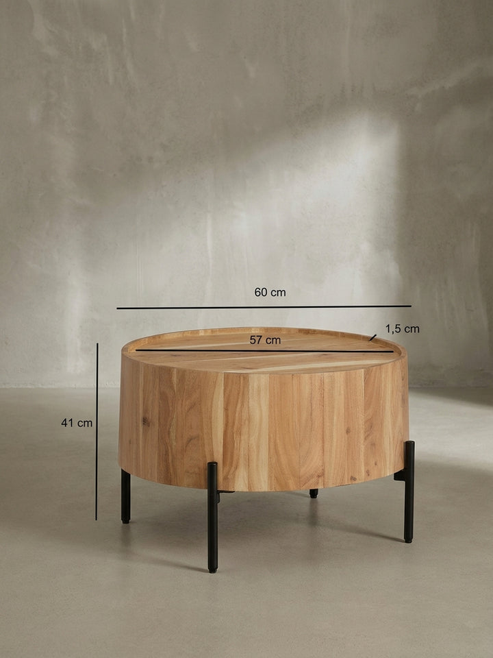 Technisches Bild des Akazien-Couchtisches mit genauen Maßangaben: 60 cm Durchmesser und 41 cm Höhe, ideal für die Planung des Wohnbereichs._