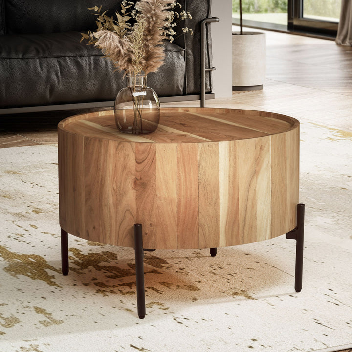 Couchtisch Akazie Massivholz Rund 60x60x41cm Metallgestell Braun/Schwarz