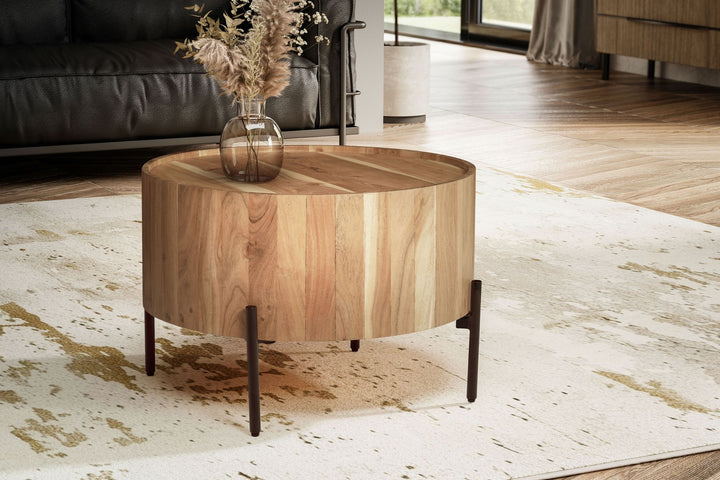 Couchtisch Akazie Massivholz Rund 60x60x41cm Metallgestell Braun/Schwarz
