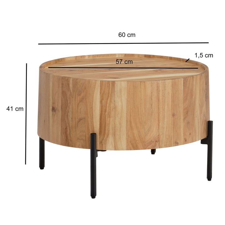 Couchtisch Akazie Massivholz Rund 60x60x41cm Metallgestell Braun/Schwarz