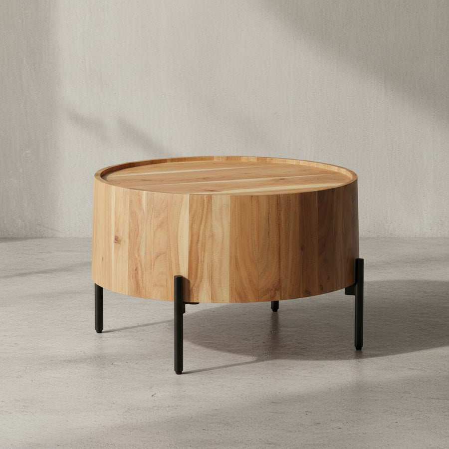 Couchtisch Akazie Massivholz 60x60x41 cm Rund mit Metallgestell - Kleiner Sofatisch Modern - Wohnzimmertisch Couch - Kaffeetisch Braun / Schwarz_