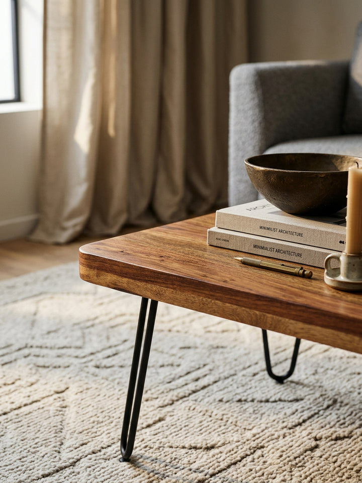 Couchtisch BALU Massivholz_ Rechteckig_ Metallbeine_ handgefertigt_ einzigartige Maserung - KADIMA DESIGN_Farbe_ Braun_ Größe_ 115x60x40 cm_