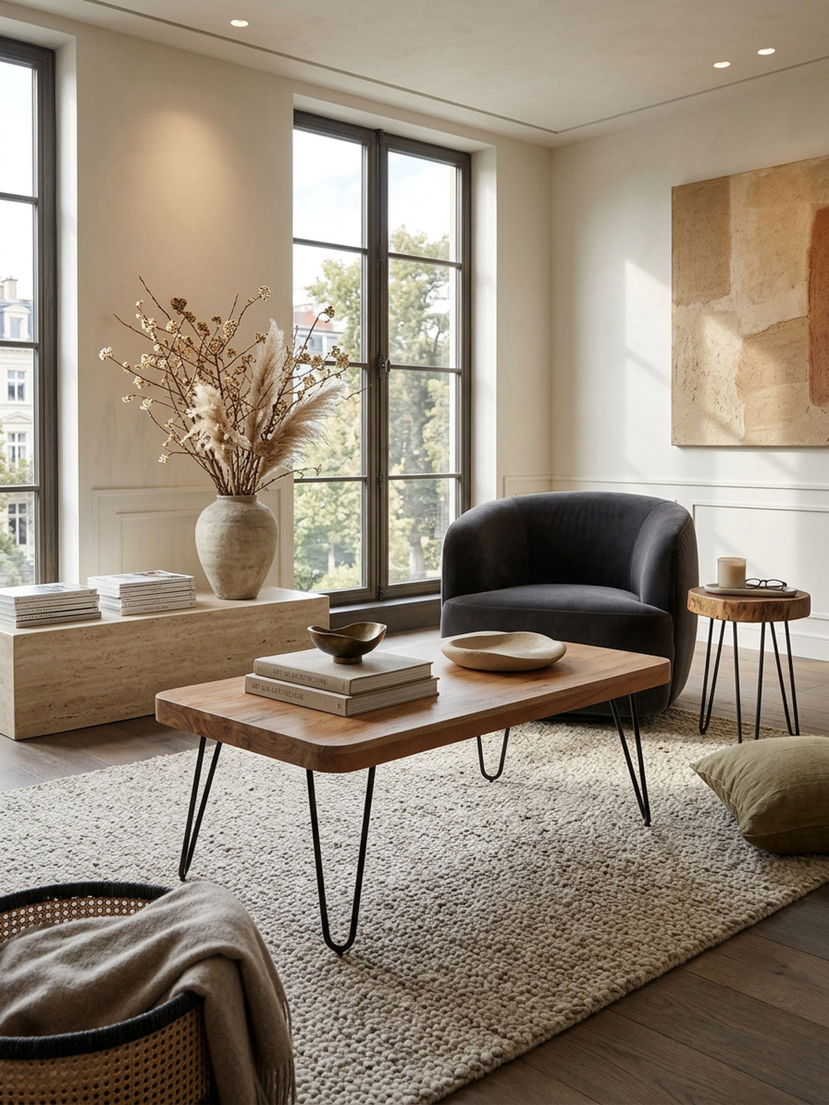 Couchtisch BALU Massivholz  Rechteckig  Metallbeine  handgefertigt  einzigartige Maserung - KADIMA DESIGN Farbe  Beige  Größe  115x60x40 cm