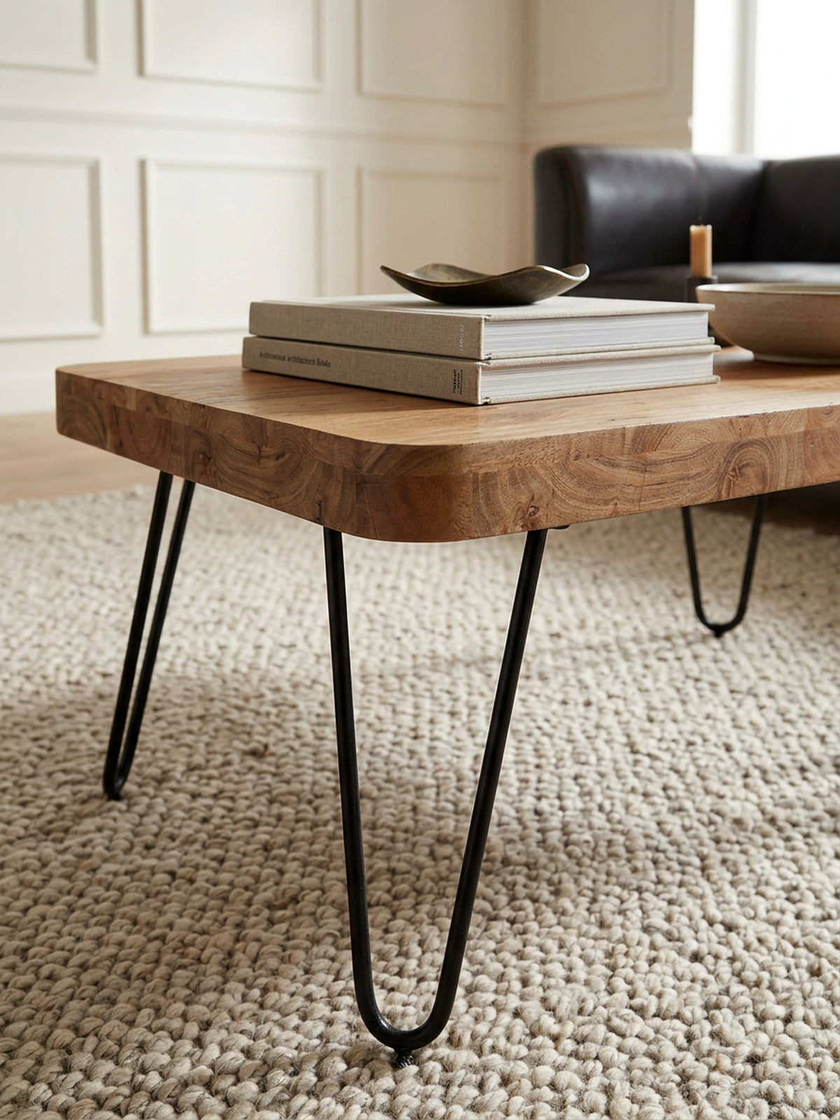Couchtisch BALU Massivholz  Rechteckig  Metallbeine  handgefertigt  einzigartige Maserung - KADIMA DESIGN Farbe  Beige  Größe  115x60x40 cm